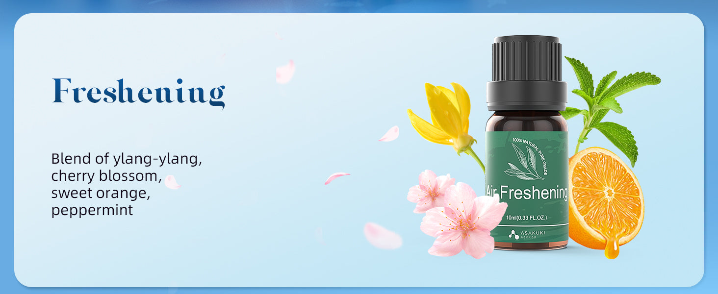 ASAKUKI Freshening essential oil blend with ylang-ylang, cherry blossom, sweet orange, and peppermint—uplifting aromatherapy for a clean, vibrant home