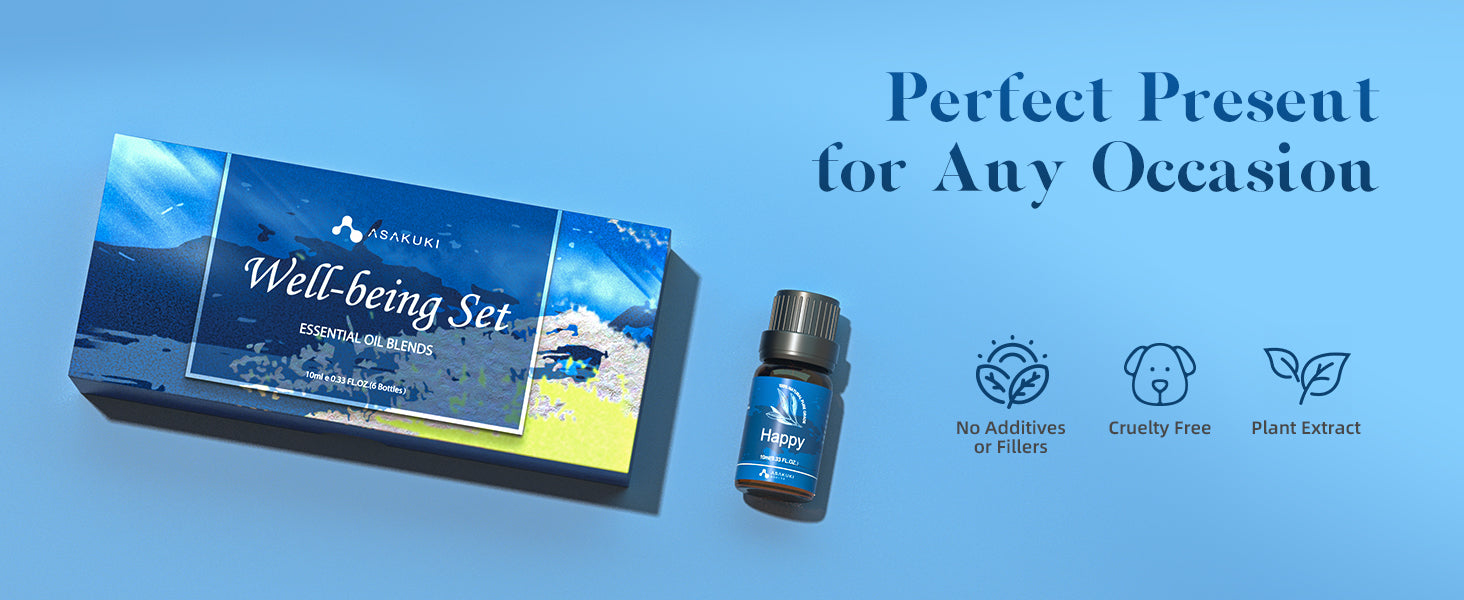 ASAKUKI Happy essential oil from the Well-being Set—100% natural, cruelty-free, plant extract blend perfect for gifting and emotional uplift