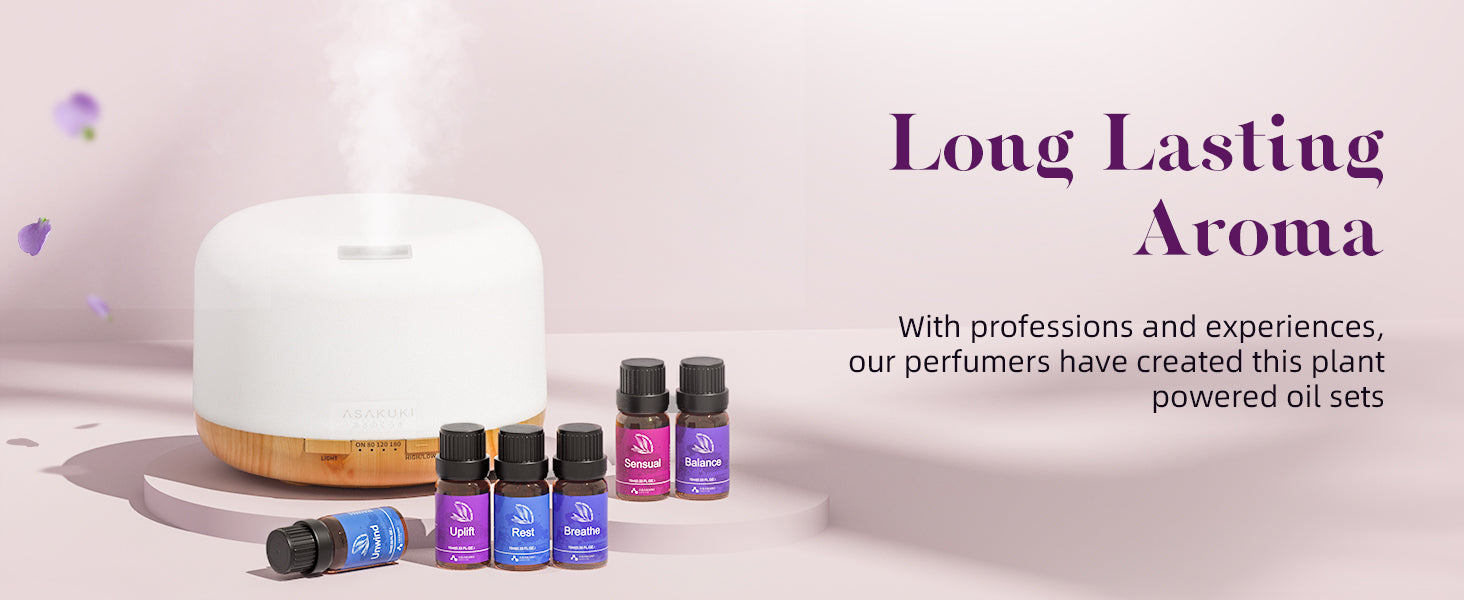 ASAKUKI plant-powered essential oil set with diffuser—Lavender, Peppermint, Eucalyptus, Sweet Orange, Tea Tree, Lemongrass—crafted for long-lasting aroma and wellness