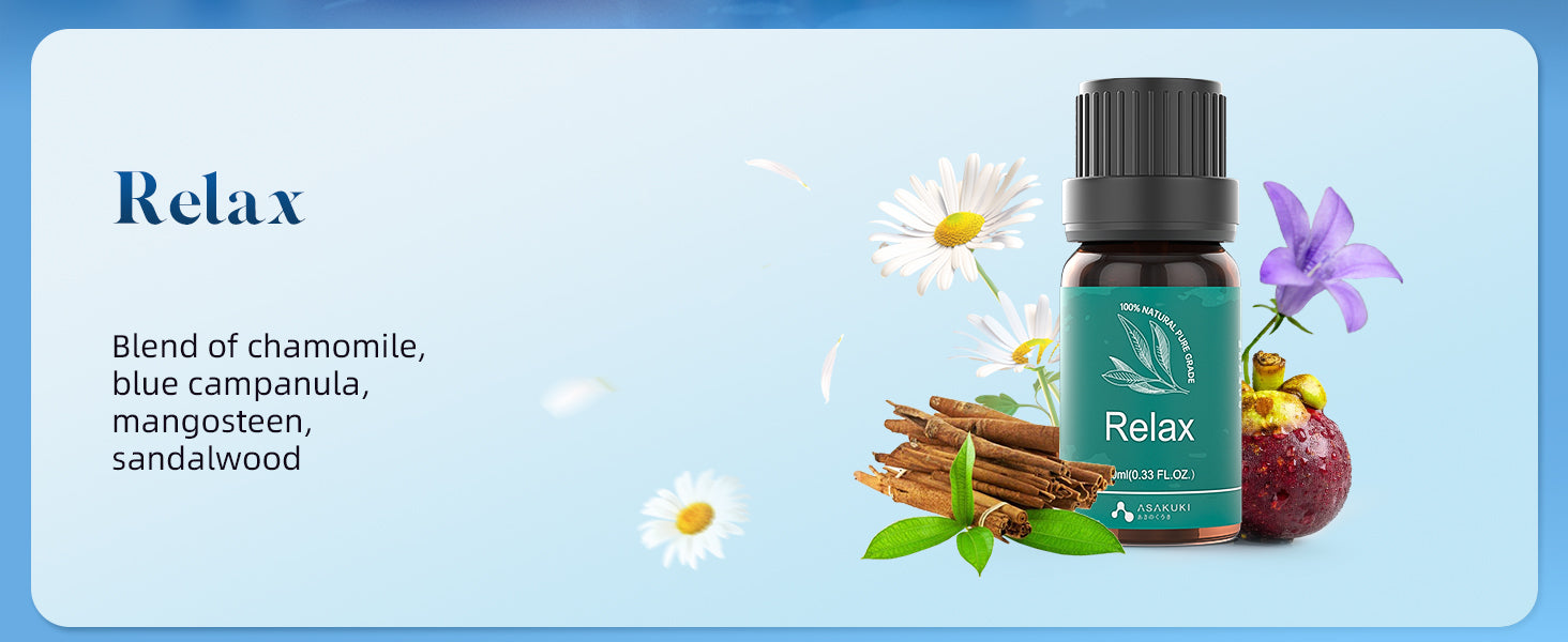 ASAKUKI Relax essential oil blend with chamomile, blue campanula, mangosteen, and sandalwood—soothing aromatherapy for stress relief and calm