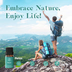 ASAKUKI Relax essential oil blend with chamomile, sandalwood, rosemary—shown with hikers embracing nature and scenic mountain view
