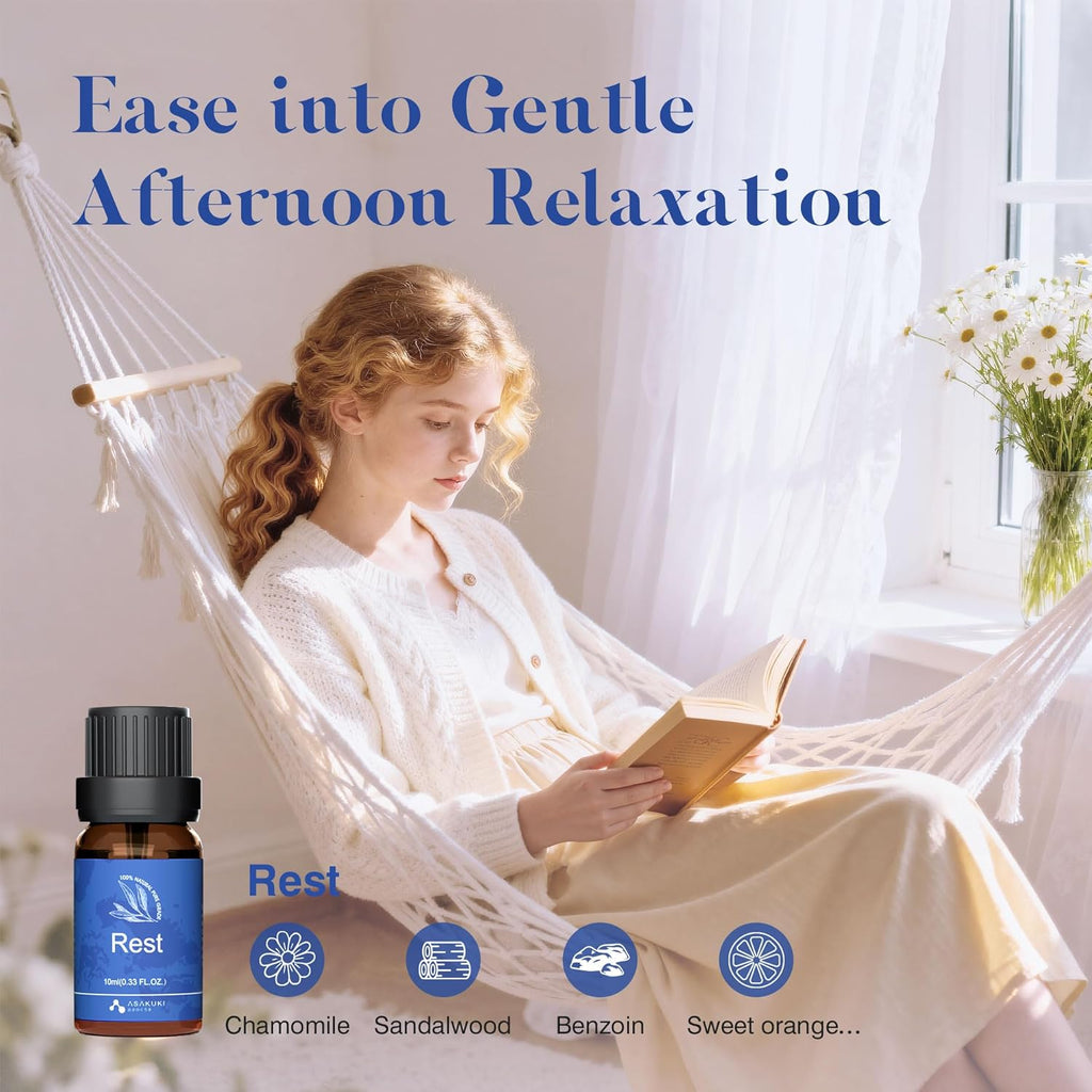 ASAKUKI Rest essential oil blend—woman reading in hammock with ingredients chamomile, sandalwood, benzoin, and sweet orange for gentle afternoon relaxation