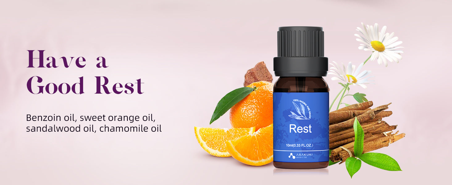 ASAKUKI Rest essential oil blend—amber bottle with sweet orange, chamomile, cinnamon, and benzoin for sleep support and nighttime relaxation