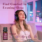 ASAKUKI Sensual essential oil blend—woman relaxing with headphones in evening glow, featuring ingredients lavender, bergamot, fennel, star anise, and pomelo
