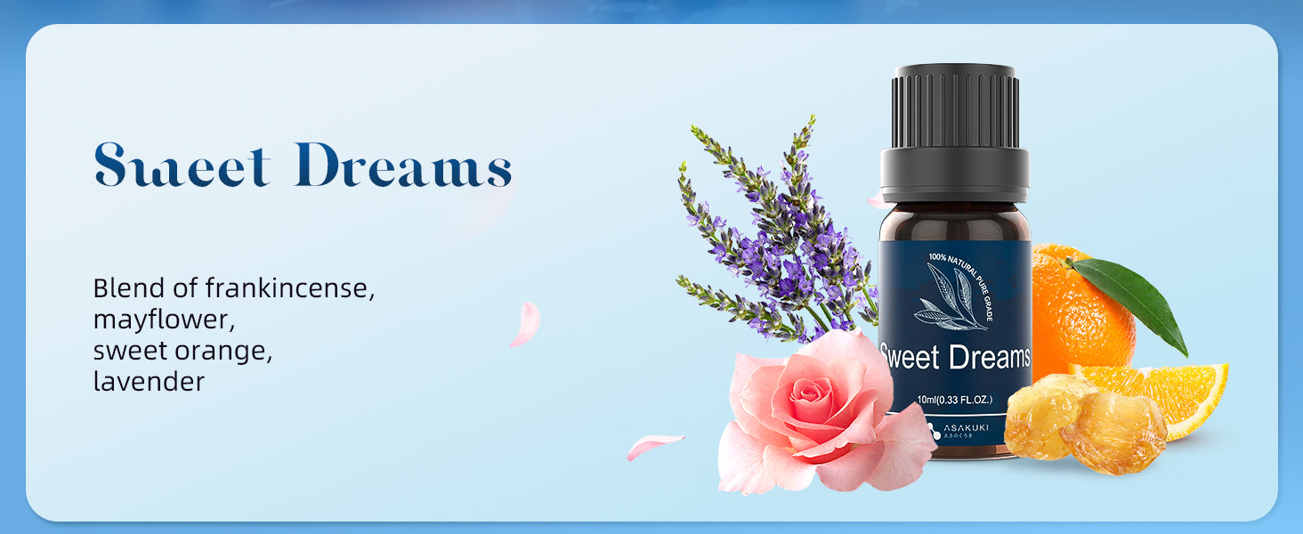 ASAKUKI Sweet Dreams essential oil blend with frankincense, lavender, sweet orange, and mayflower—calming aromatherapy for restful sleep