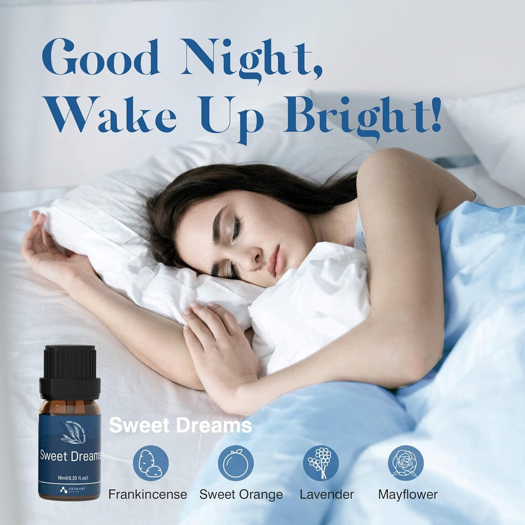 ASAKUKI Sweet Dreams essential oil blend with lavender, frankincense, sweet orange, and mayflower—promotes restful sleep and peaceful nights