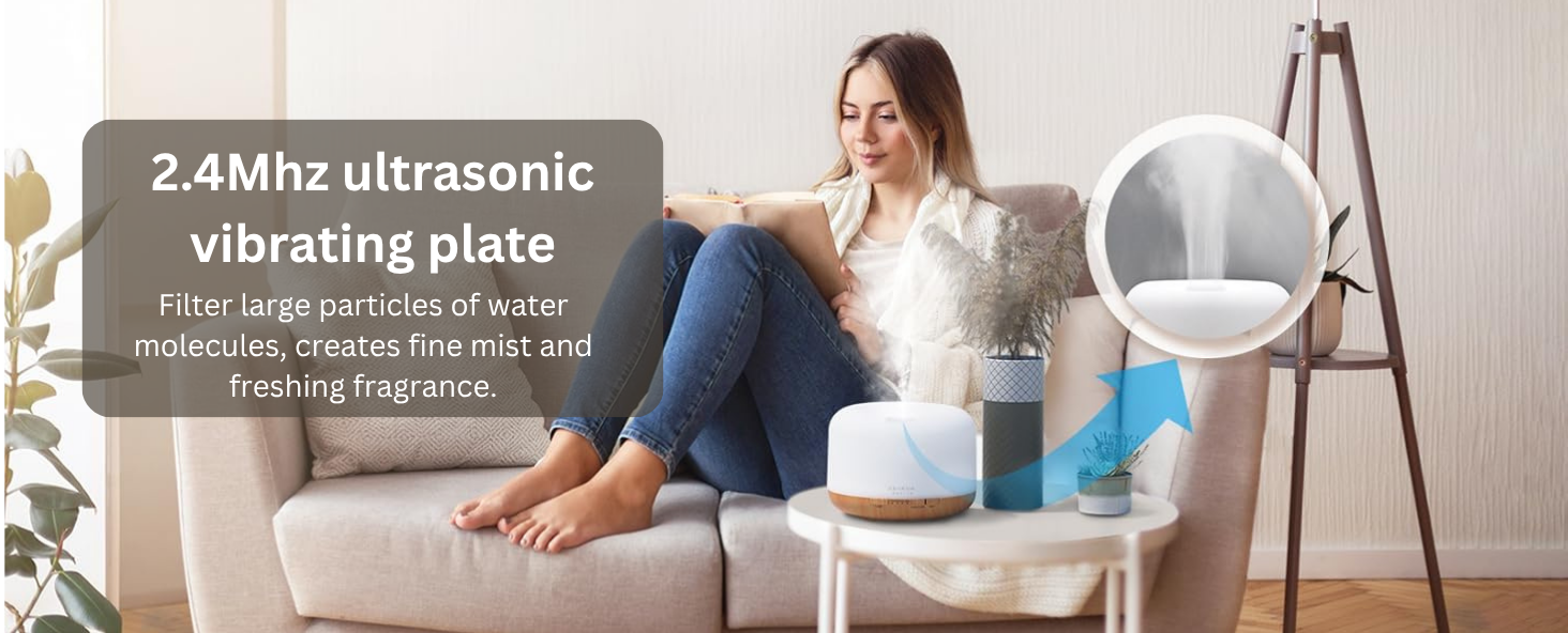 ASAKUKI ultrasonic diffuser with 2.4Mhz vibrating plate—producing fine mist in cozy living room for fresh fragrance and relaxation