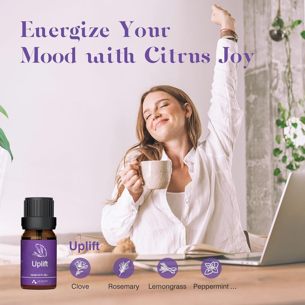 ASAKUKI Uplift essential oil blend—woman stretching with cup in hand, energized mood with ingredients clove, rosemary, lemongrass, and peppermint