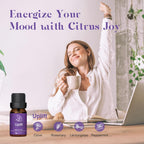 ASAKUKI Uplift essential oil blend—woman stretching with cup in hand, energized mood with ingredients clove, rosemary, lemongrass, and peppermint