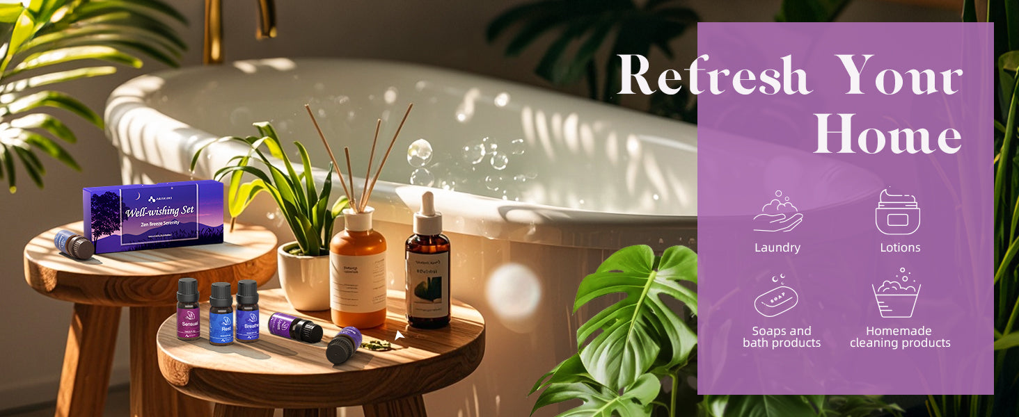 ASAKUKI Well-wishing essential oil set with diffuser and DIY tools—ideal for laundry, lotions, soaps, and homemade cleaning products in serene bathroom setting