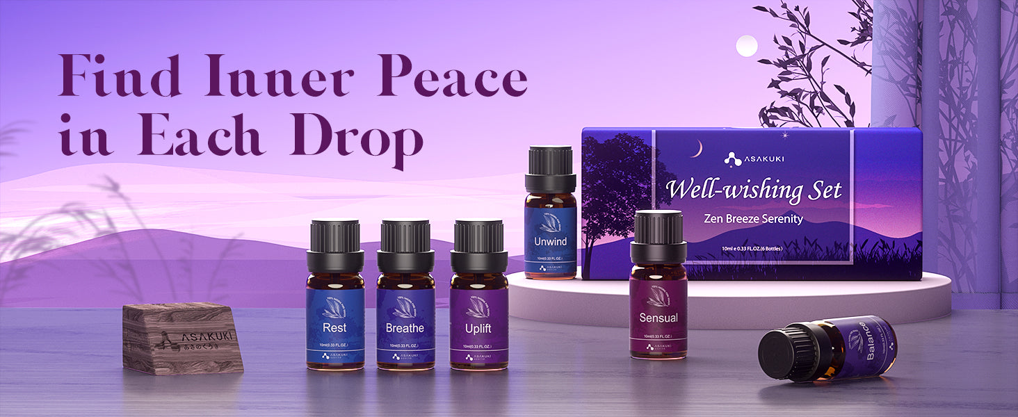 ASAKUKI Well-wishing Set of 6 essential oil blends—Rest, Breathe, Uplift, Sensual, Unwind—displayed with purple box and calming mountain landscape for inner peace