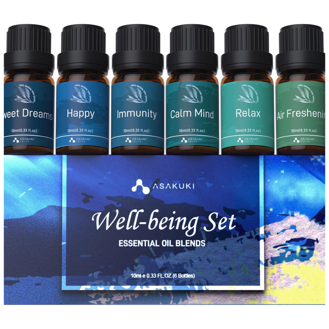 ASAKUKI Well-being essential oil set with six blends—Happy, Relax, Sweet Dreams, Calm Mind, Immunity, and Air Freshener in vibrant packaging