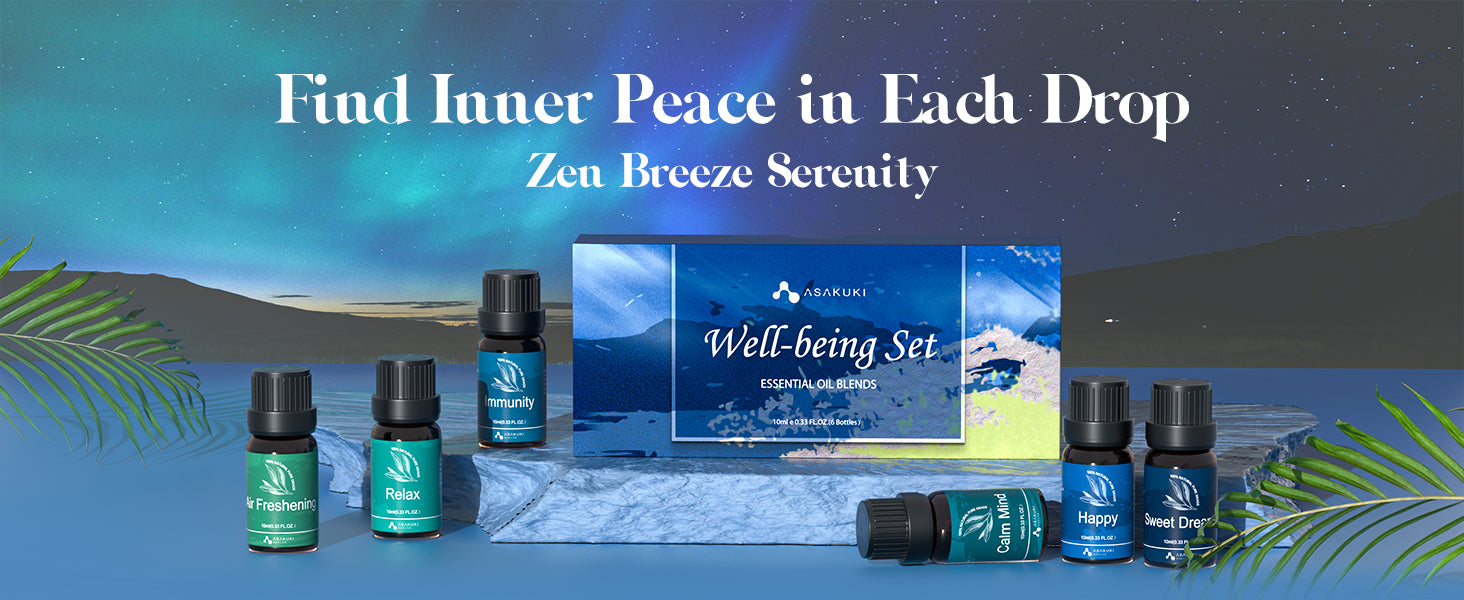 ASAKUKI Well-being essential oil set with six blends—Relax, Immunity, Happy, Head Ease, Freshen—displayed under Northern Lights for tranquil vibes