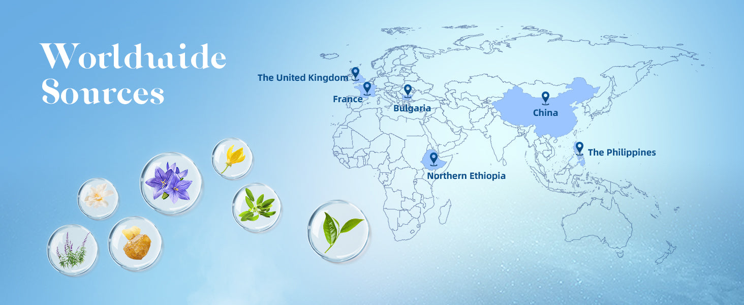 ASAKUKI worldwide sourcing map showing natural ingredients from UK, France, Bulgaria, China, Philippines, and Ethiopia—highlighting global purity and diversity