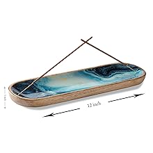Blue marble incense holder with wood frame—12 inch long and 1.25 inch high, designed to catch ash cleanly with dual incense stick placement