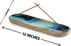 Blue marble incense holder with wood frame—12 inch long and 4 inch wide, designed for dual incense sticks and clean ash catch