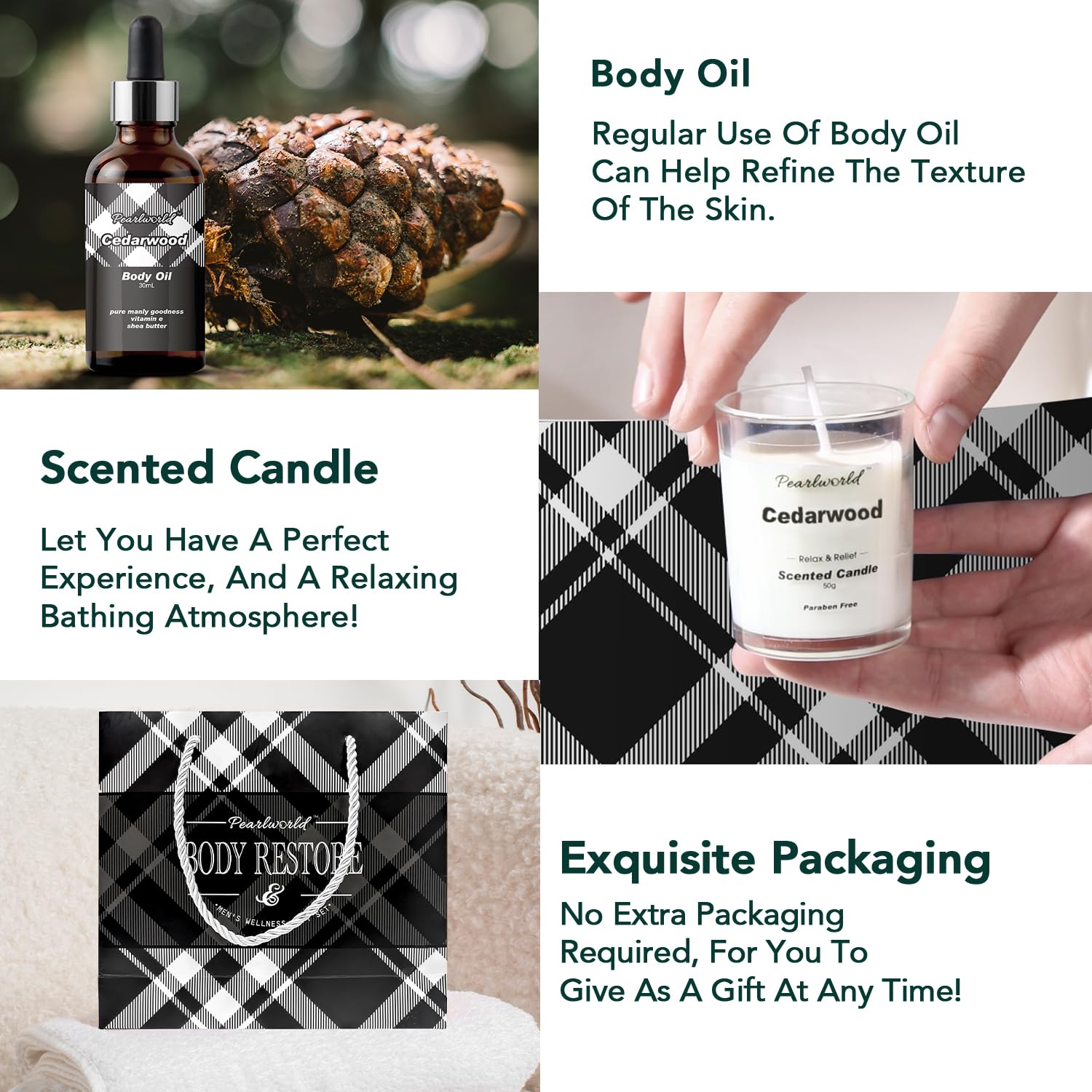 Body Restore cedarwood oil and scented candle—highlighting skin texture benefits, relaxing bath atmosphere, and gift-ready packaging with pinecone and plaid visuals