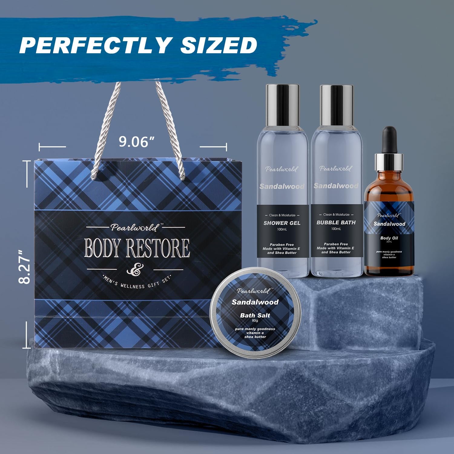 Body Restore sandalwood gift set—includes shower gel, bubble bath, body oil, and bath salt in plaid packaging with perfectly sized gift bag