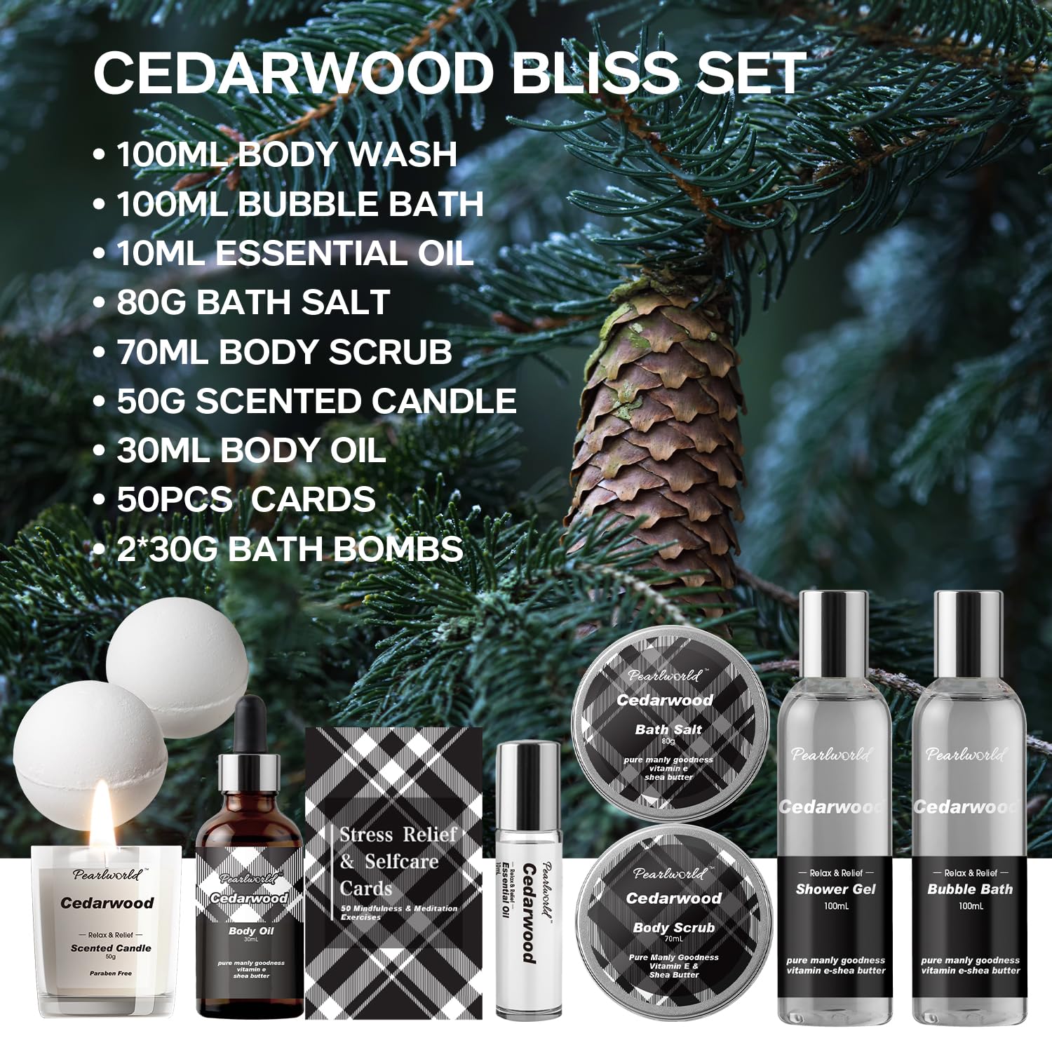 Cedarwood Bliss spa gift set—includes body wash, bubble bath, essential oil, bath salt, body scrub, candle, body oil, bath bombs, and self-care cards with cedar branch background