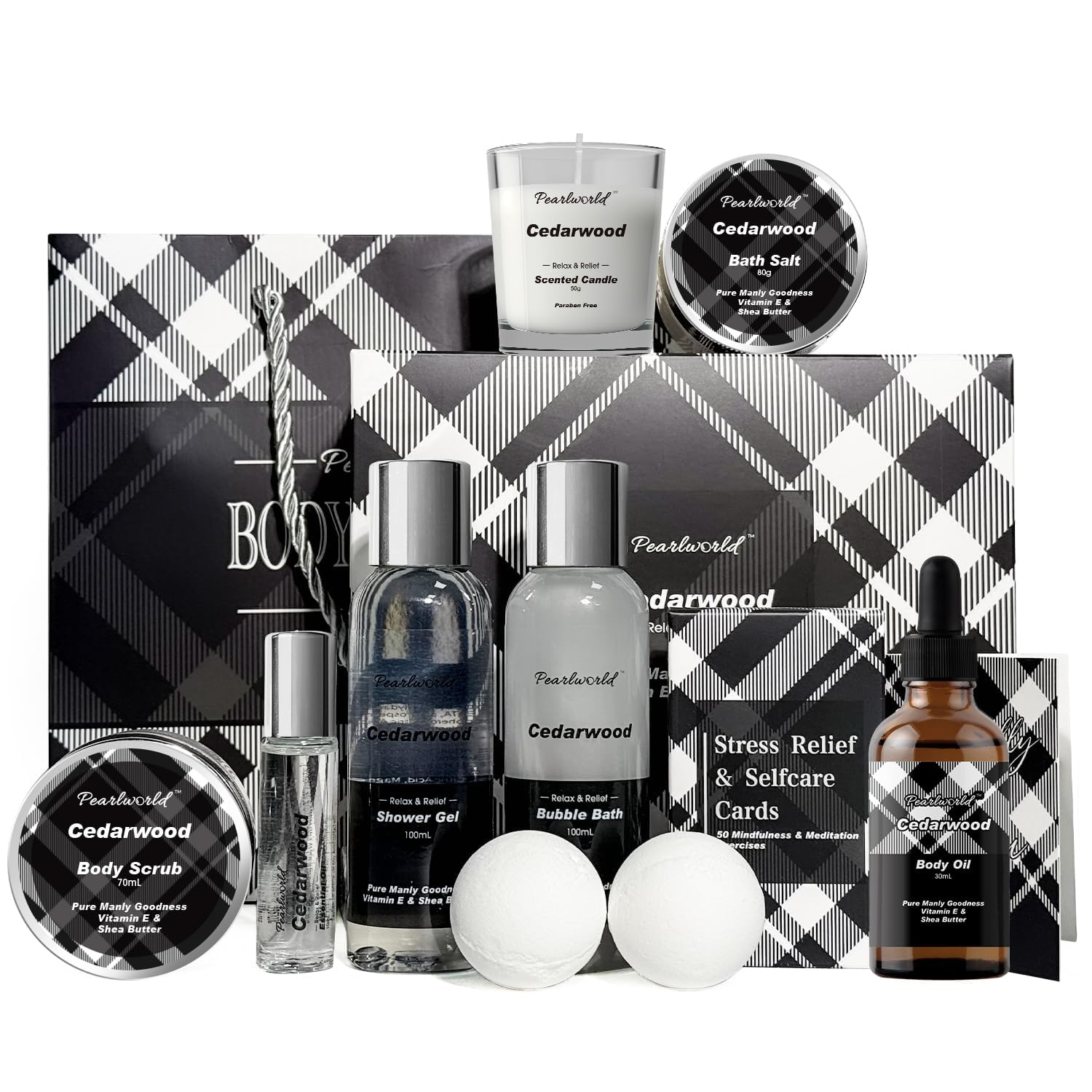 Cedarwood men’s spa gift set—includes candle, bath salt, body scrub, shower gel, bubble bath, body oil, bath bombs, and stress relief cards in plaid packaging