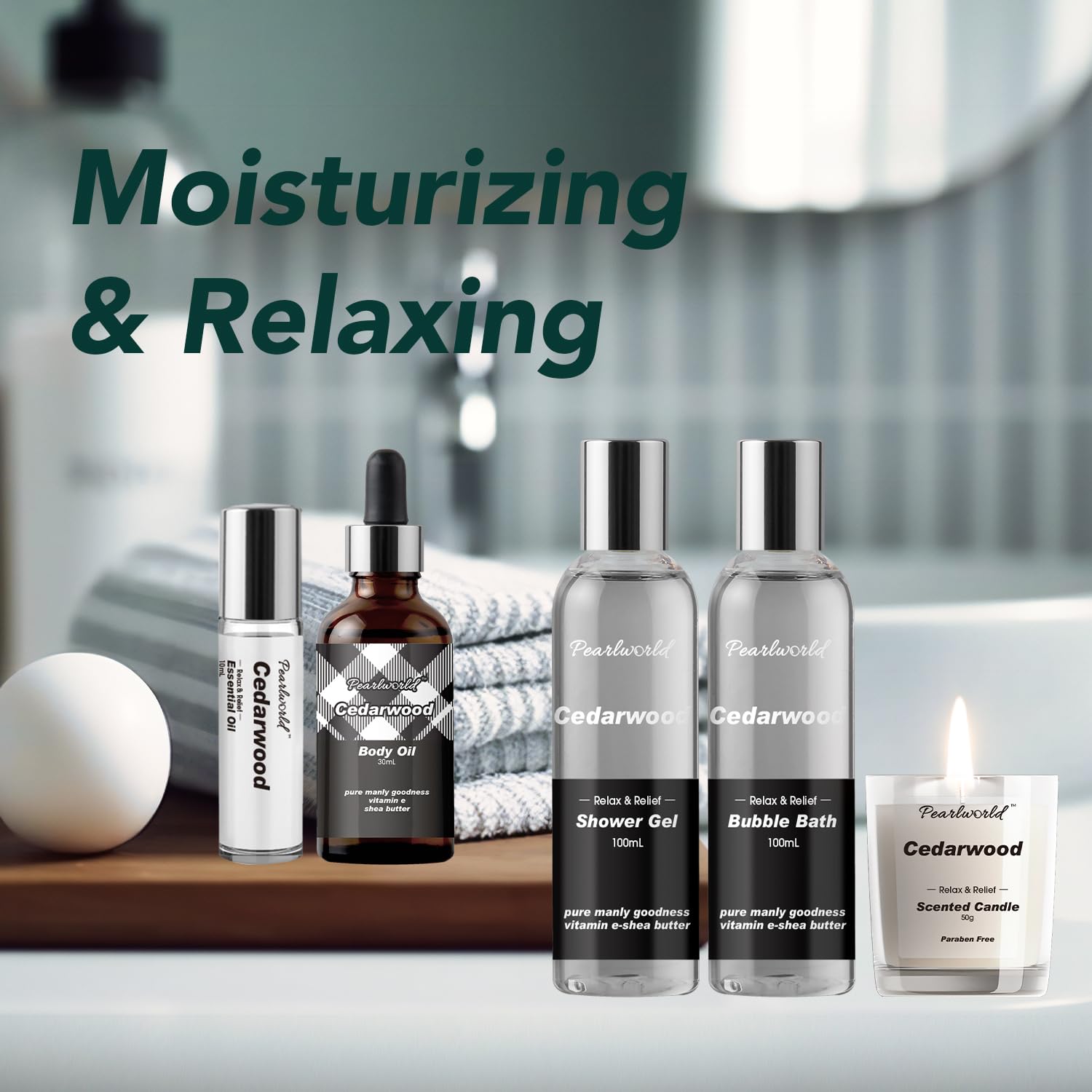 Cedarwood spa set—includes face mist, body oil, shower gel, bubble bath, and 2-in-1 scented candle in serene bathroom setting with towels and lit candle