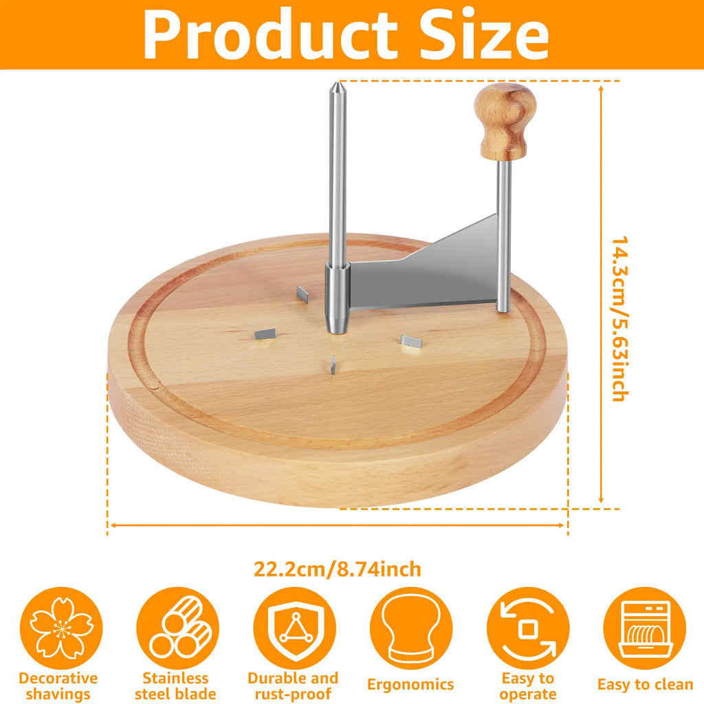 Cheese curler cutter product size 22.2cm x 14.3cm with stainless steel blade and beechwood base