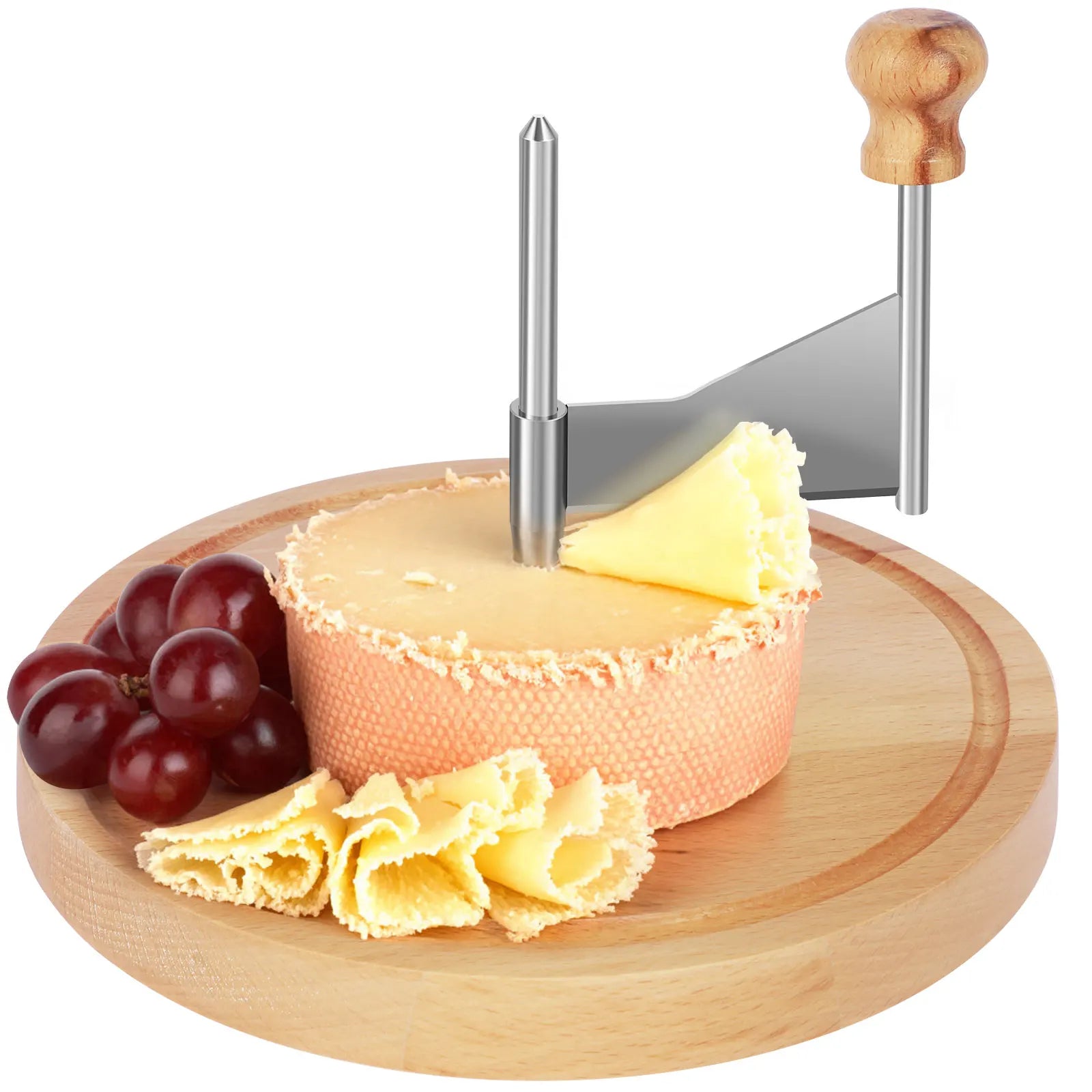 Stainless steel cheese curler with beechwood base shaving cheese ribbons, served with grapes