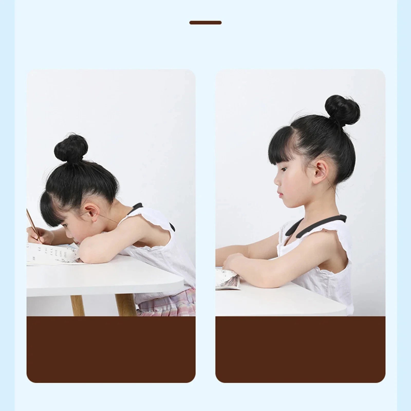 Side-by-side comparison of child’s writing posture—slouched vs upright—highlighting benefits of posture correction during study activities