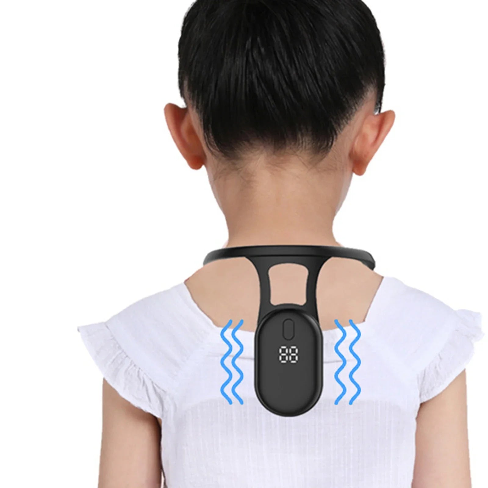 Child wearing smart posture corrector with digital display—vibration feedback shown to support healthy posture and spinal alignment during daily activities