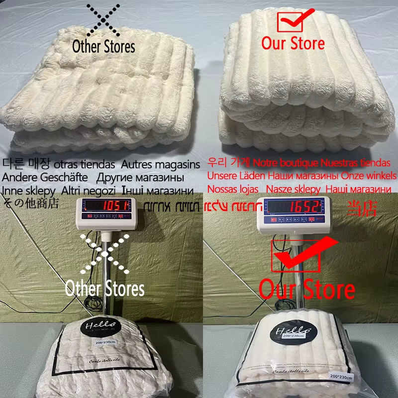 Side-by-side comparison of comforters—our store’s version is visibly thicker and weighs 16.52 lb vs 10.5 lb from other stores, highlighting superior fluffiness and quality