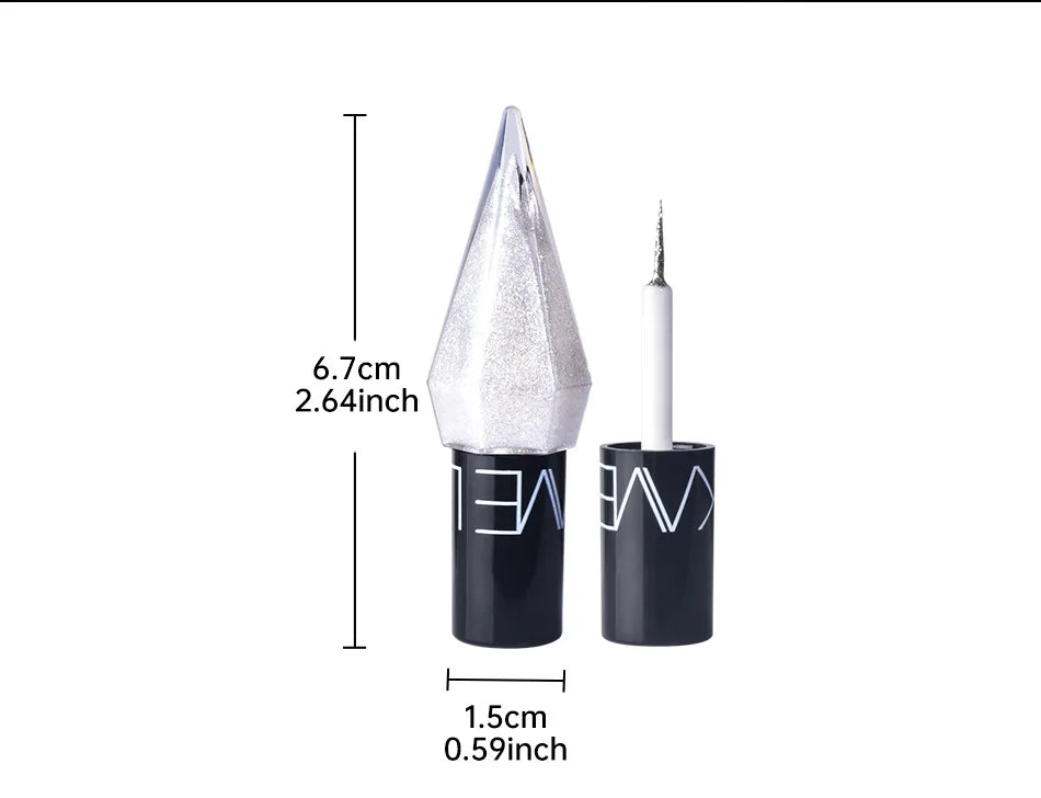 KAVE glitter eyeliner with crystal-tip applicator, 6.7cm height and 1.5cm base diameter—compact and travel-friendly