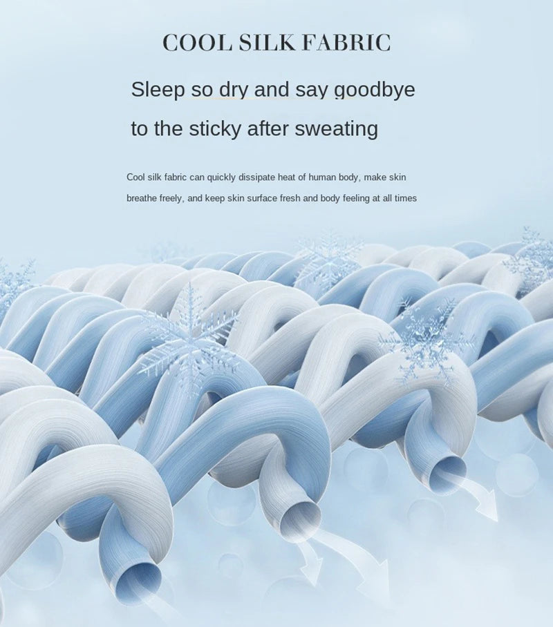 Cooling blanket with cool silk fabric that keeps skin fresh, dry, and sweat-free during summer sleep
