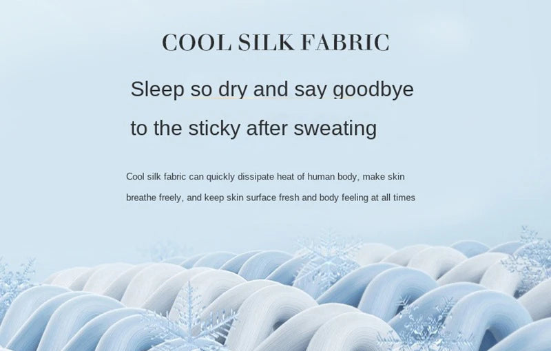 Cooling silk fabric blanket showing breathable fibers with snowflakes, keeping skin dry and fresh after sweating