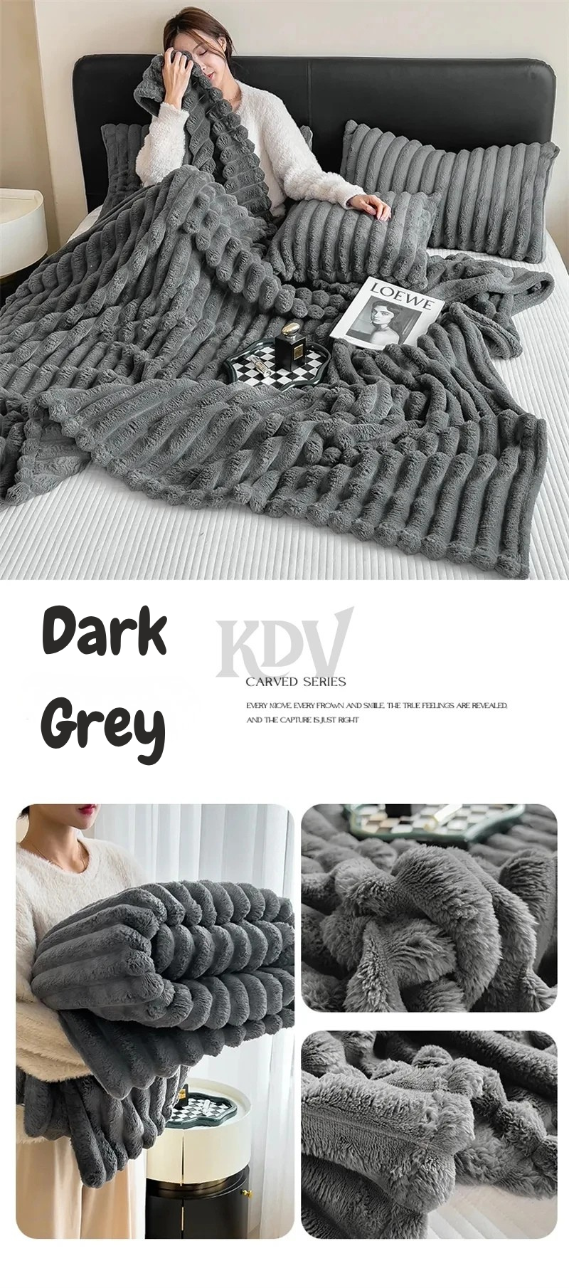 Dark grey ribbed plush blanket shown in lifestyle and close-up views—soft, cozy, warm, and multifunctional for bed, sofa, or travel use