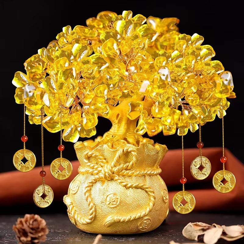 Lucky Tree Wealth Yellow Crystal Natural Money Ornaments Bonsai Style Luck Feng Shui Craft Citrine Tree for Bringing Wealth True