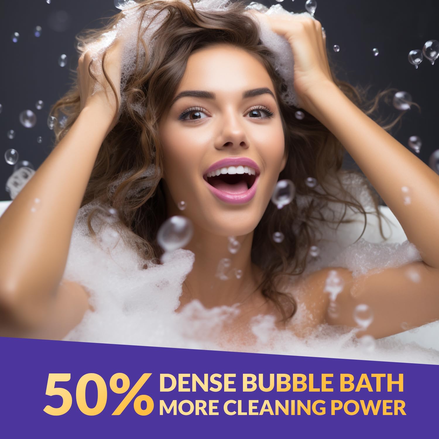 Woman enjoying dense bubble bath with joyful expression—white bubbles and dark background highlight enhanced cleaning power and luxurious relaxation