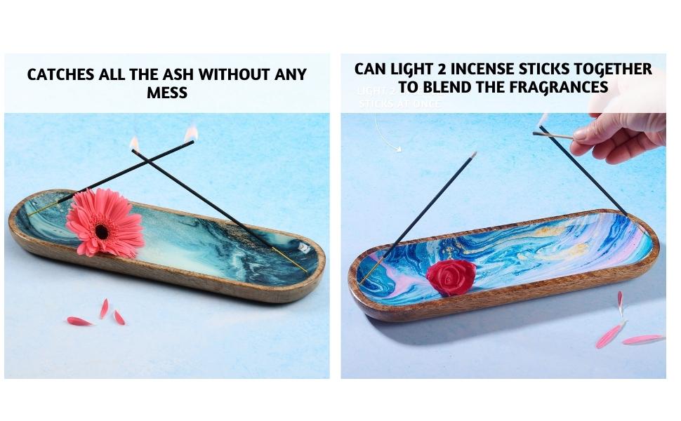 Two decorative incense trays—blue marble designs with burning sticks, pink and red flowers, showing clean ash catch and fragrance blending