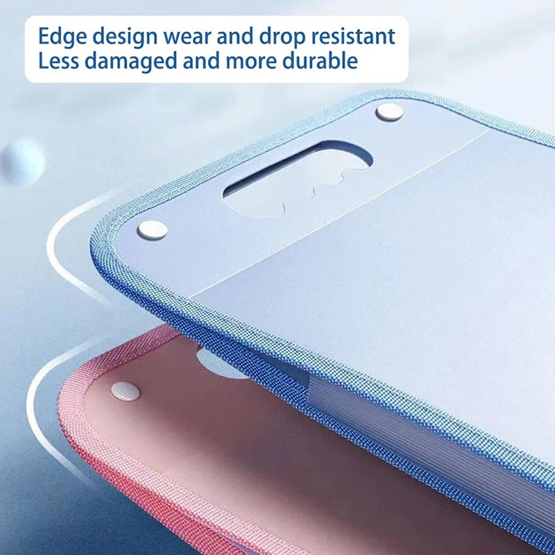 Blue and pink rectangular boards with reinforced fabric edges and handle cutouts; designed for wear and drop resistance, showcasing a sturdy and portable surface ideal for writing, crafting, or utility use.