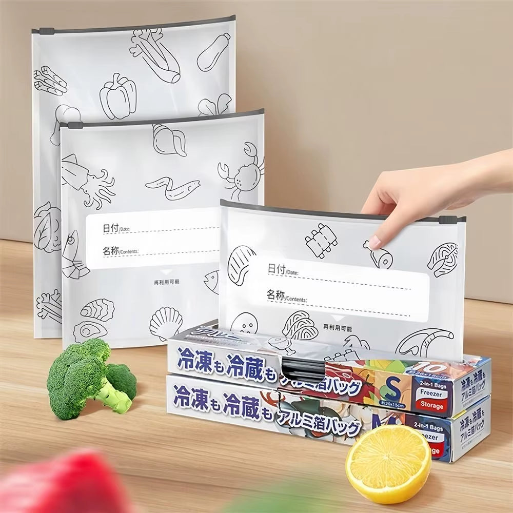 Reusable eco-friendly food storage bags with aluminum foil wraps on kitchen counter, labeled in Japanese for freezing and refrigeration, surrounded by fresh produce.