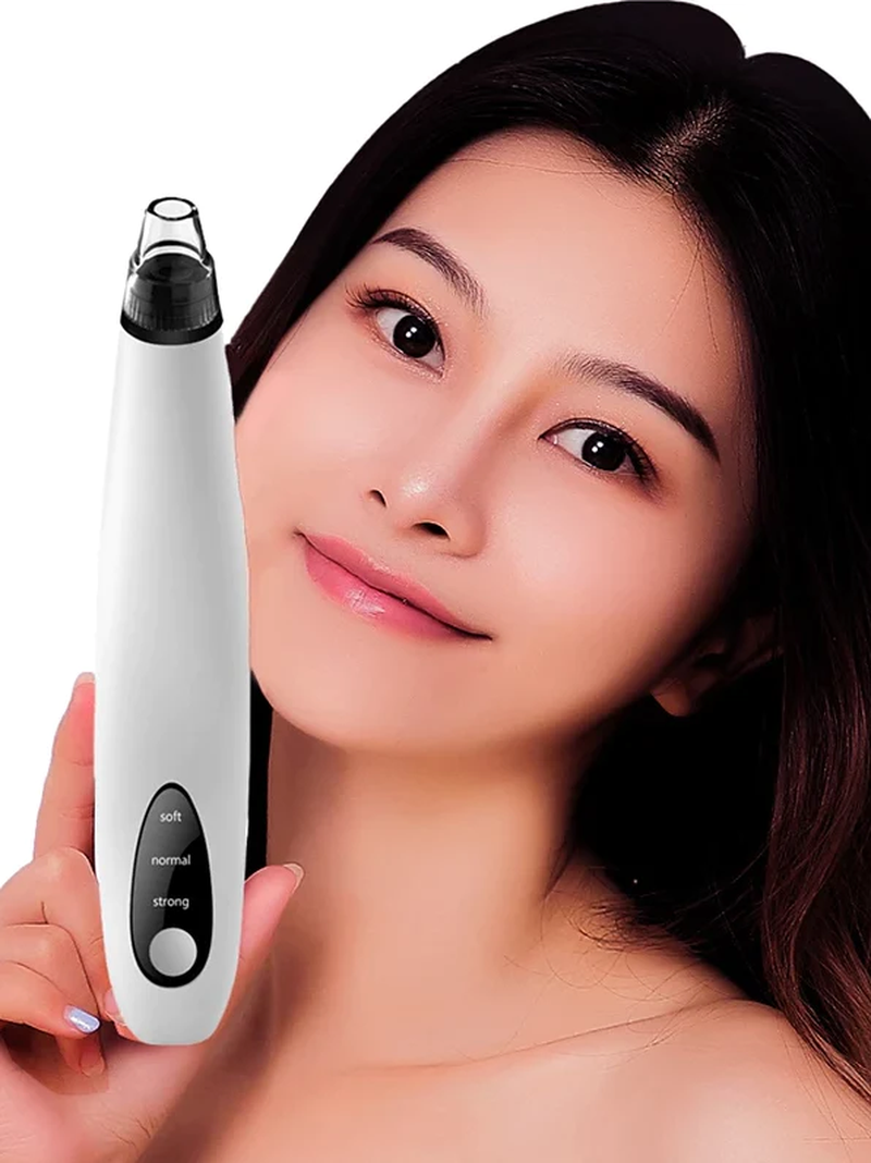 Electric blackhead remover vacuum with soft, normal, and strong suction settings shown in use on face for clear skin and pore cleansing.