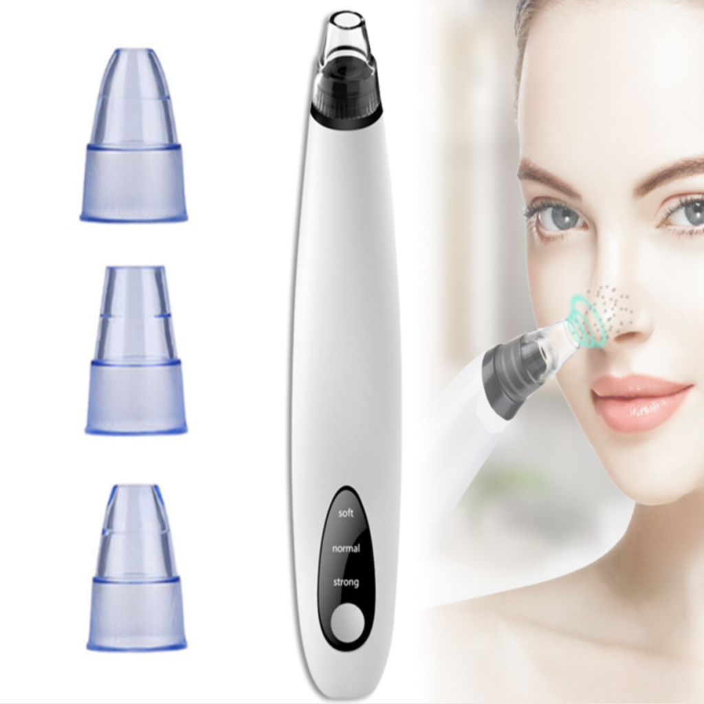 Electric blackhead remover vacuum with three suction heads shown in use on nose area for deep pore cleansing and smoother skin.