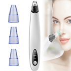 Electric blackhead remover vacuum with three suction heads shown in use on nose area for deep pore cleansing and smoother skin.
