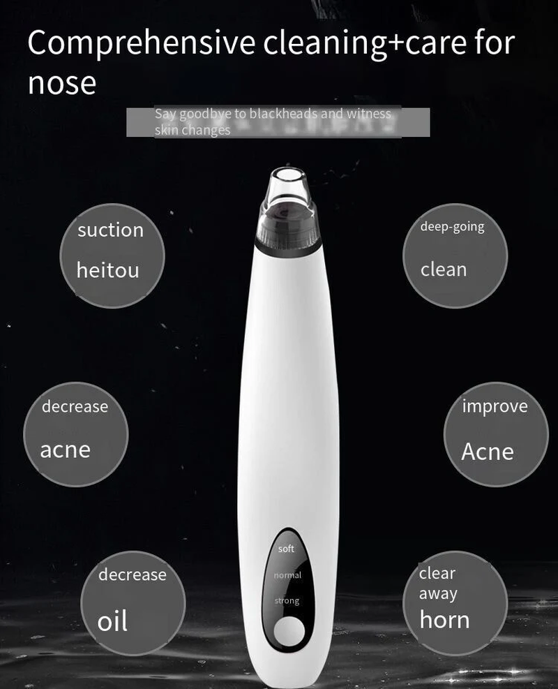 Electric blackhead remover vacuum for nose care with soft, normal, and strong suction modes to reduce acne, oil, and clogged pores.