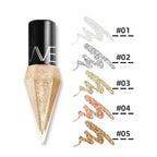 Five glitter eyeliner swatches in white, silver, gold, rose gold, and bronze with ELO gem-tip packaging