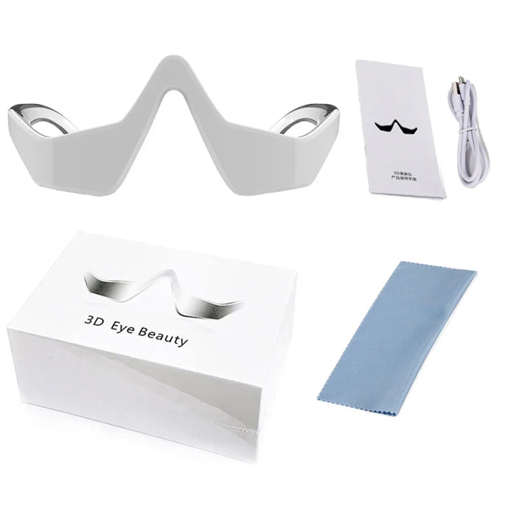 Complete package of EMS red light eye massager with box, USB charging cable, user manual, and cleaning cloth for wrinkle and puffiness reduction