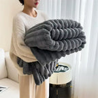 Grade A faux rabbit fur gray blanket—thick, velvety, and ultra-soft with ribbed texture, perfect for cozy indoor lounging and elegant home styling
