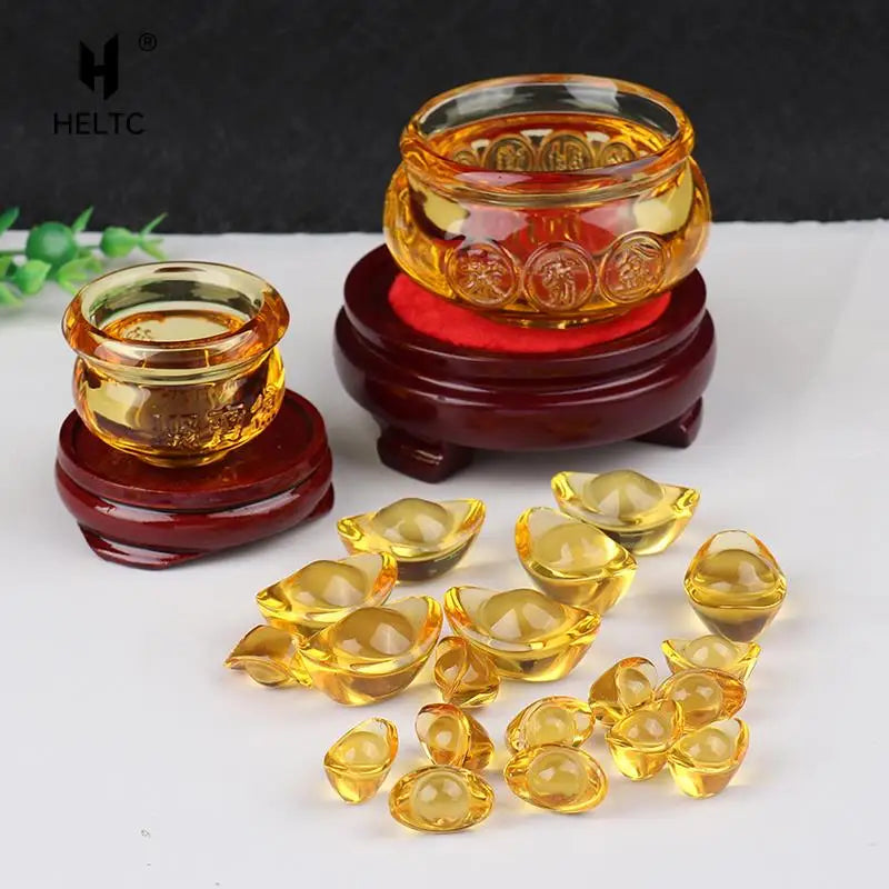 Set of Feng Shui golden treasure bowls with crystal gold ingots for wealth, abundance, and prosperity decoration