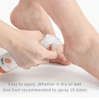 Applying foot peeling spray with orange oil on dry or wet feet to exfoliate and soften cracked heels