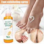 Foot exfoliating spray with orange oil showing before and after results of smooth, hydrated, and soft feet