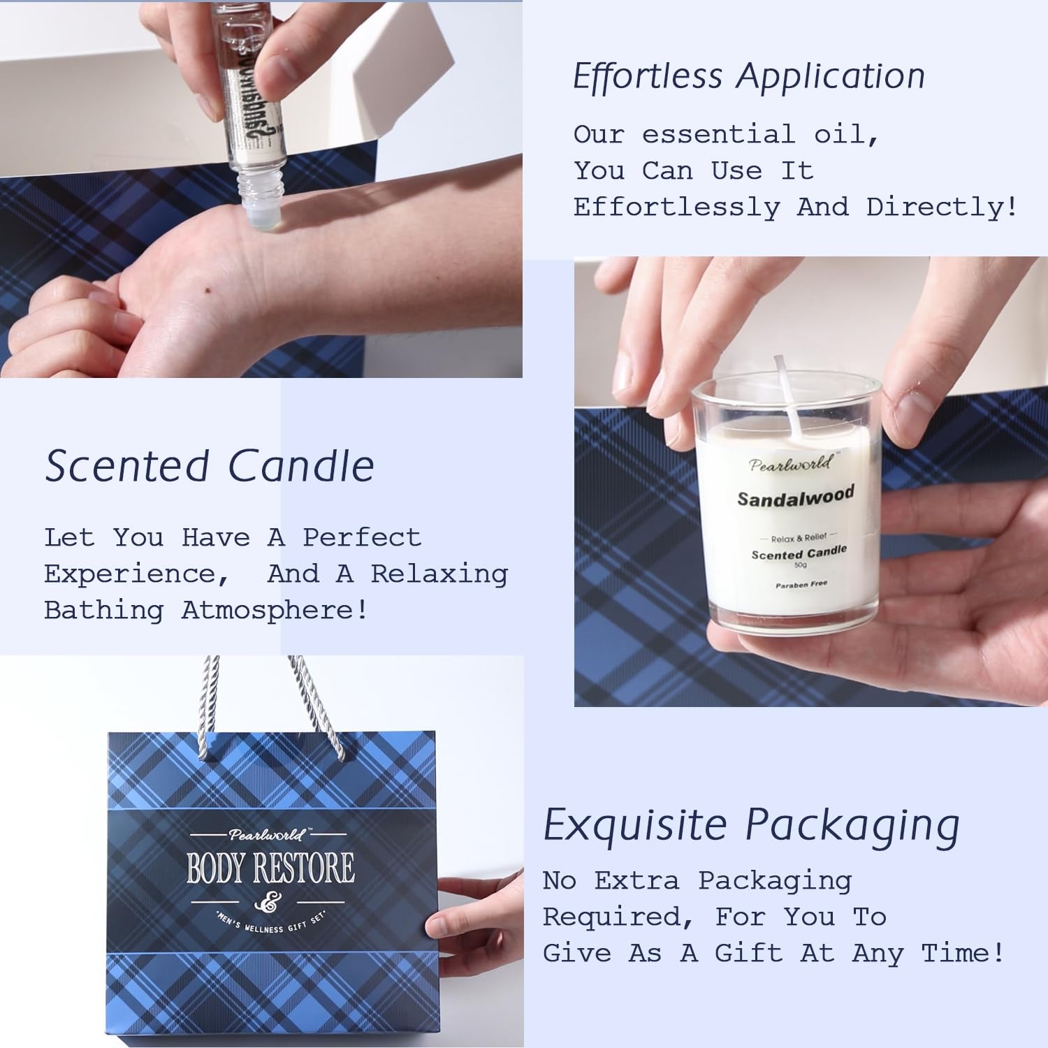 Freshscent BODY RESTORE sandalwood gift set—features essential oil, scented candle, and gift-ready packaging with benefits like effortless application and relaxing atmosphere